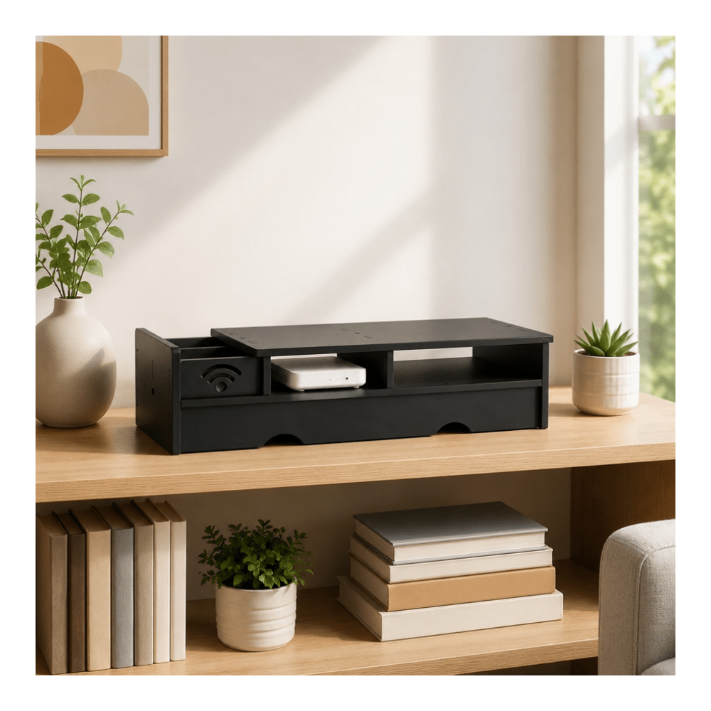 Office Tech Desk - 블랙 무광 WiFi 라우터 수납함, 컴팩트한